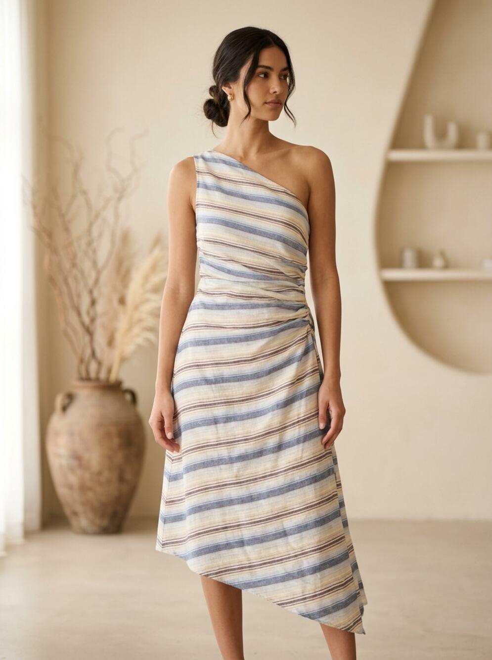 A.L.C. Midi Carolyn Dress Womens 8 M Multicolor Striped Asymmetric One Shoulder